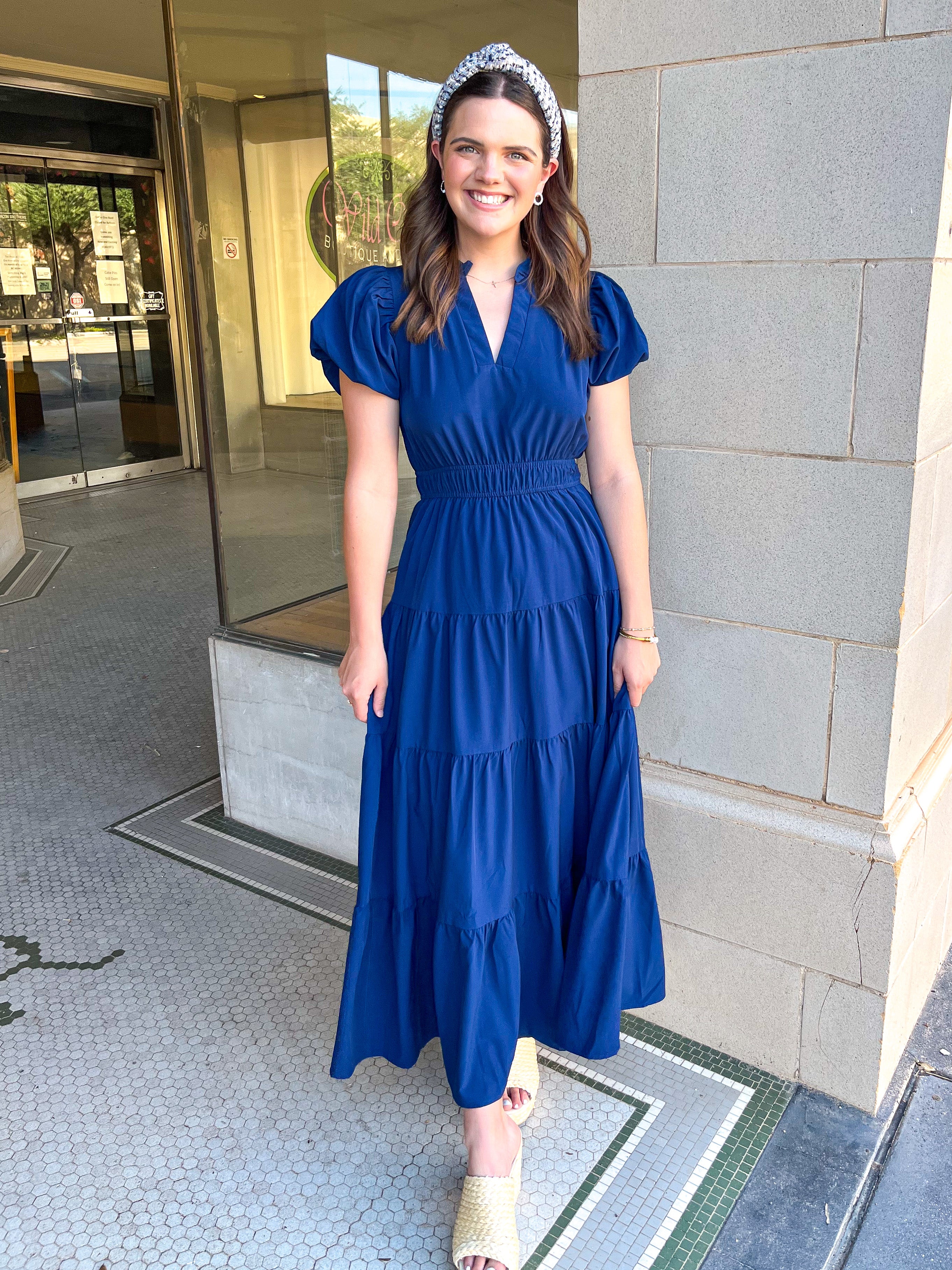 Bubble Sleeve Tiered Midi Dress - Navy