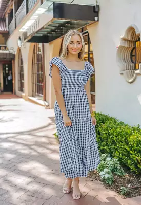 BUDDY LOVE BRYNN RUFFLE SHOULDER MIDI DRESS - BLACK CHECKER