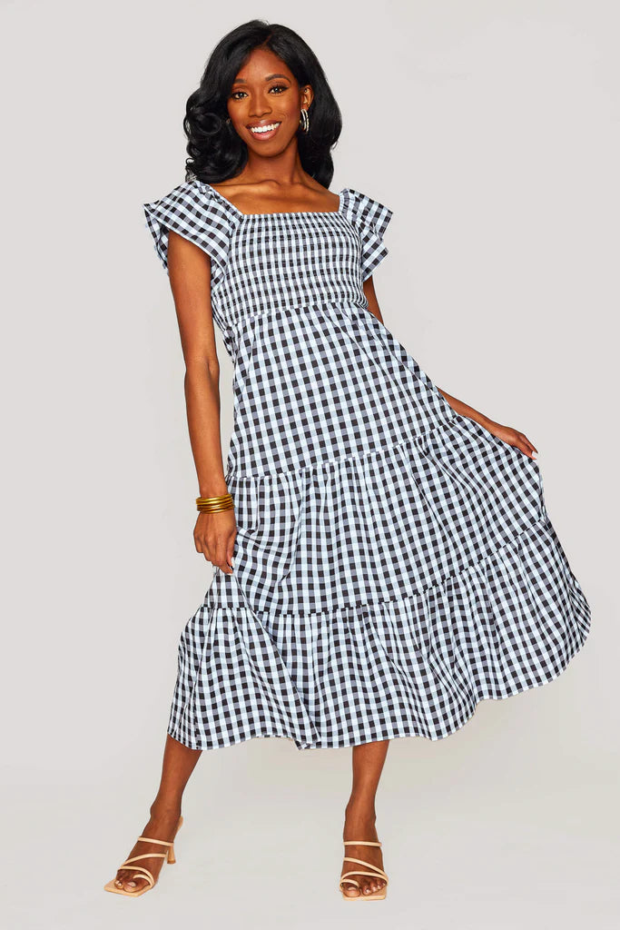 BUDDY LOVE BRYNN RUFFLE SHOULDER MIDI DRESS - BLACK CHECKER