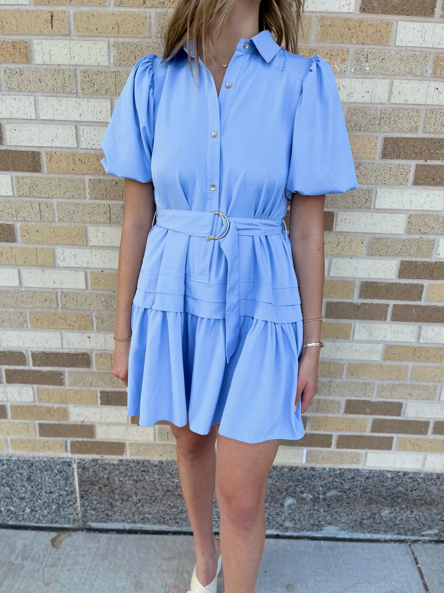 Button Up Tiered Mini Dress - Blue