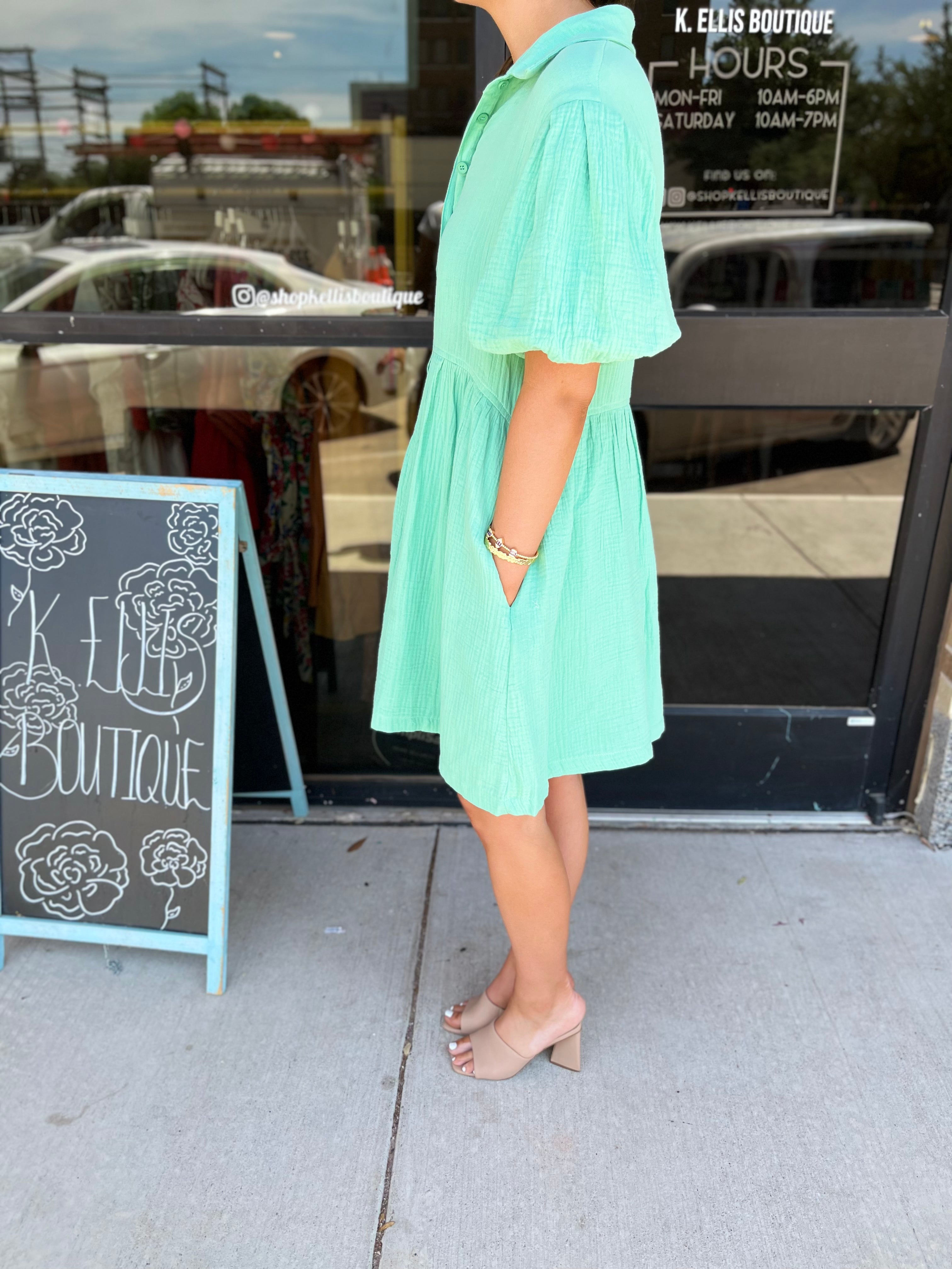 COLLARED BUTTON UP DRESS-MINTY