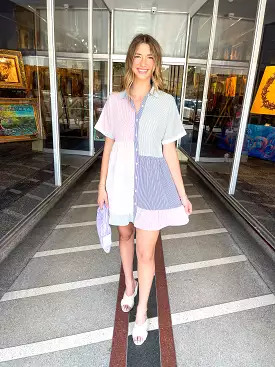 Colorblock Striped Print Collared Dress