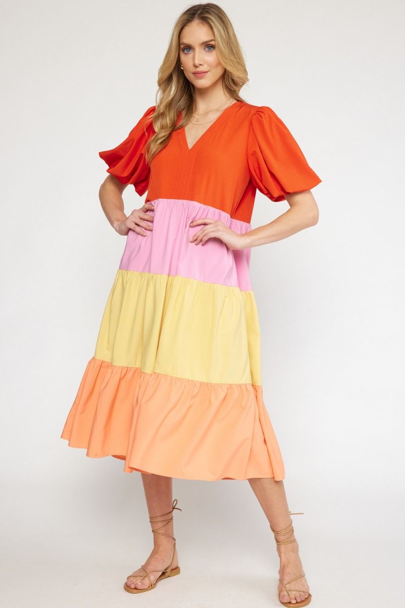 Colorblock Tiered Midi Dress - Red