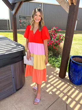 Colorblock Tiered Midi Dress - Red