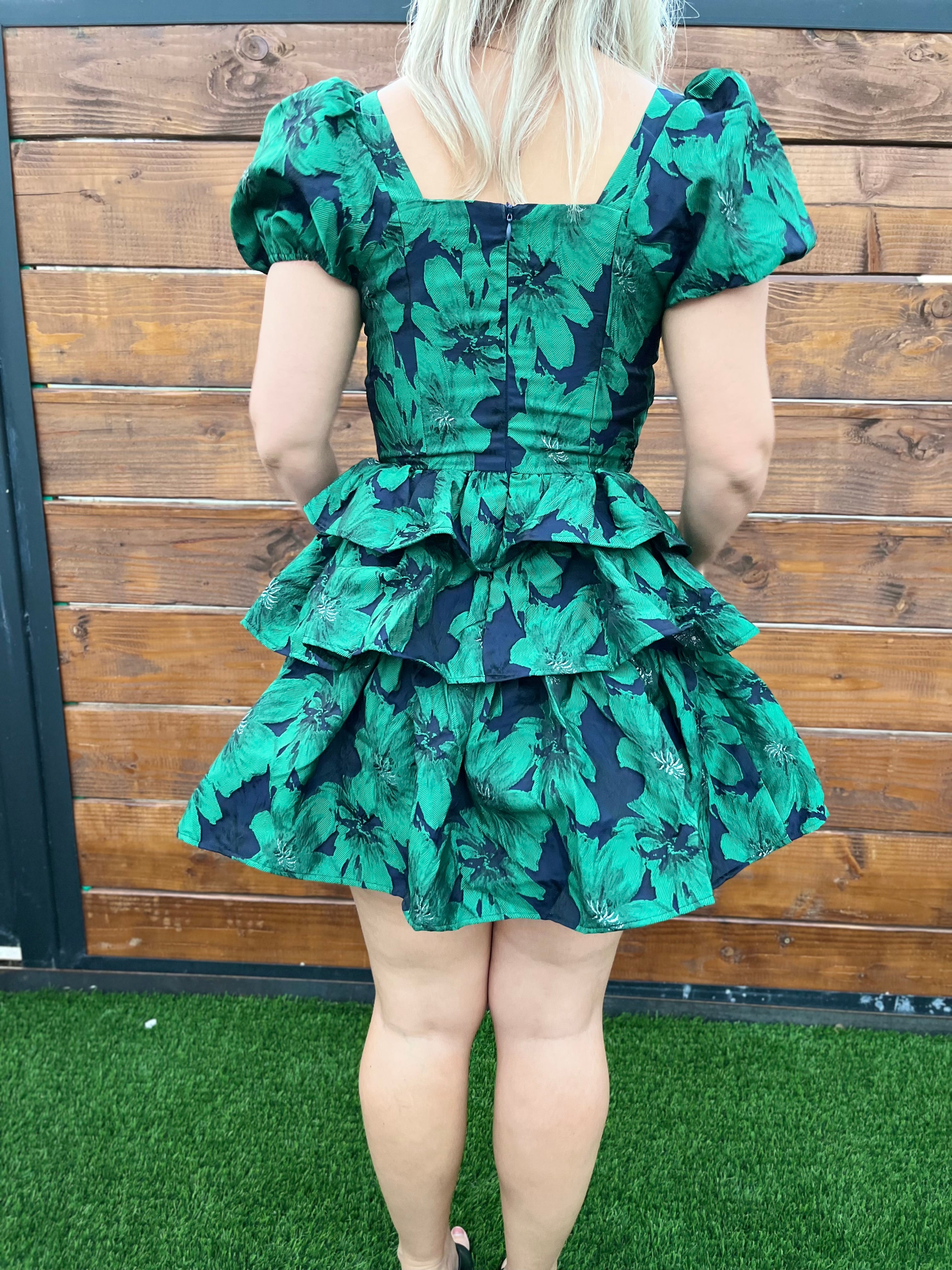 Floral Jacquard Dress - Green