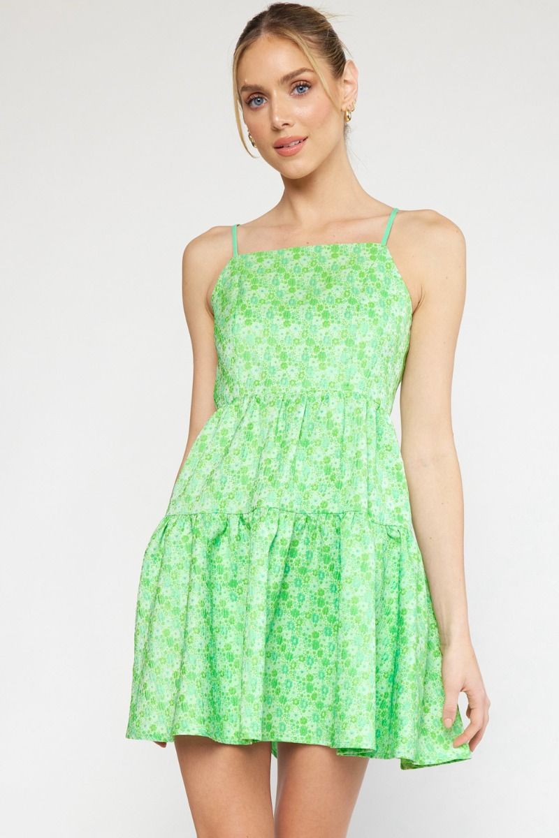 Floral Jacquard Tiered Mini Dress - Green