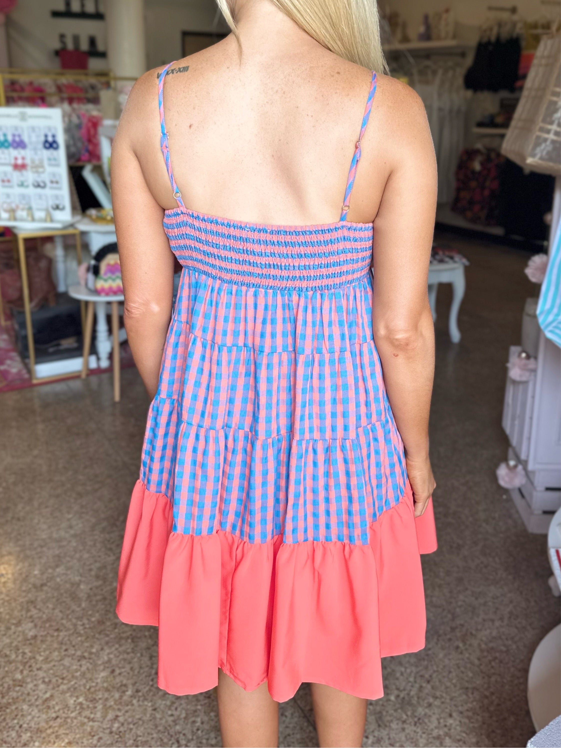 Gingham Tiered Mini Dress - Orange