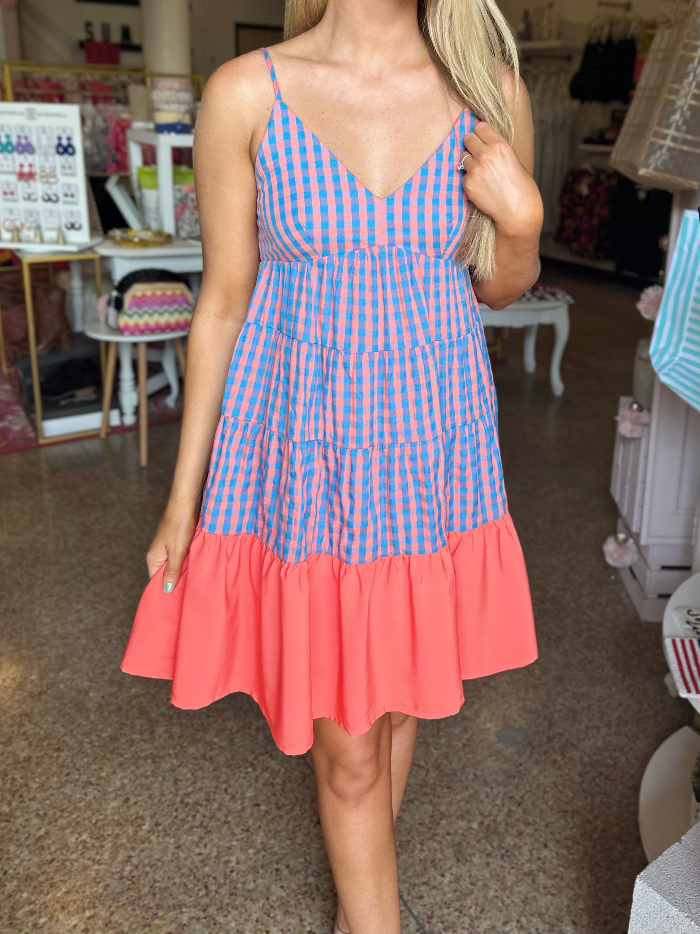 Gingham Tiered Mini Dress - Orange