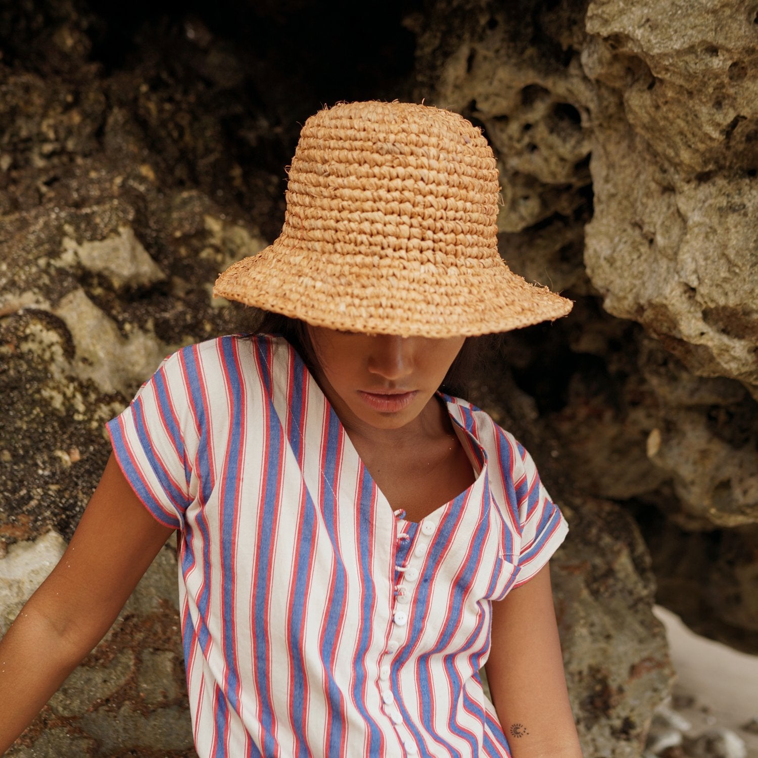 Kirana Raffia Boater Hat, in Camel Beige