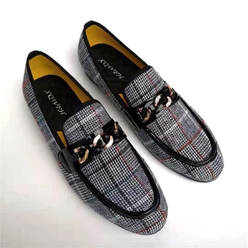 Men's Checked Pattern Metal Chain Buckle Slip-On Casual Loafers