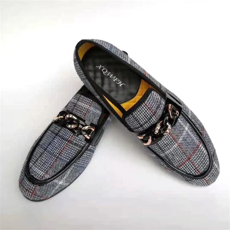 Men's Checked Pattern Metal Chain Buckle Slip-On Casual Loafers