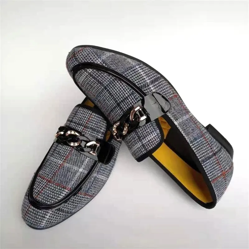 Men's Checked Pattern Metal Chain Buckle Slip-On Casual Loafers