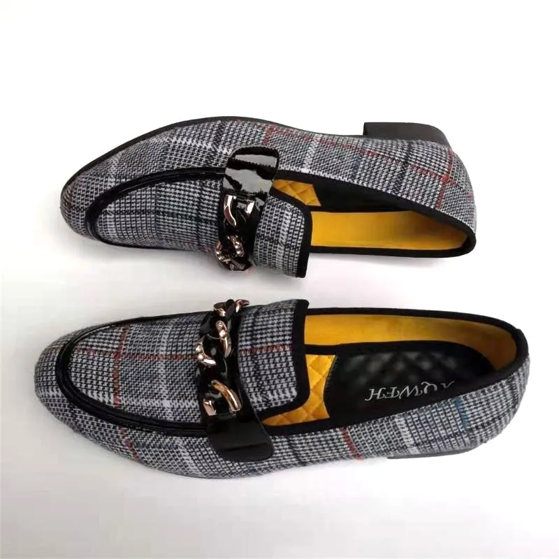 Men's Checked Pattern Metal Chain Buckle Slip-On Casual Loafers