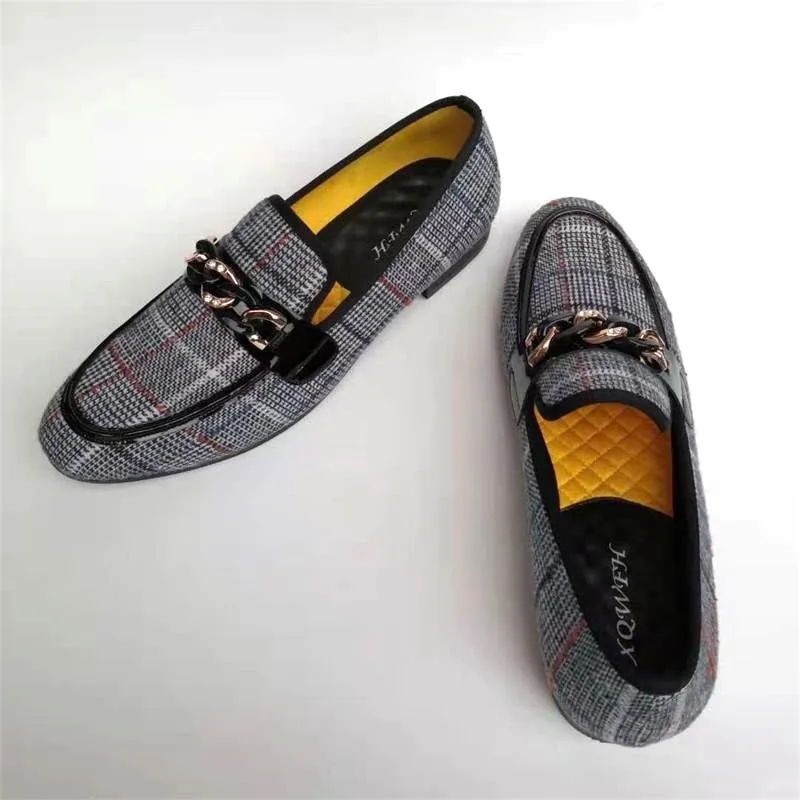 Men's Checked Pattern Metal Chain Buckle Slip-On Casual Loafers