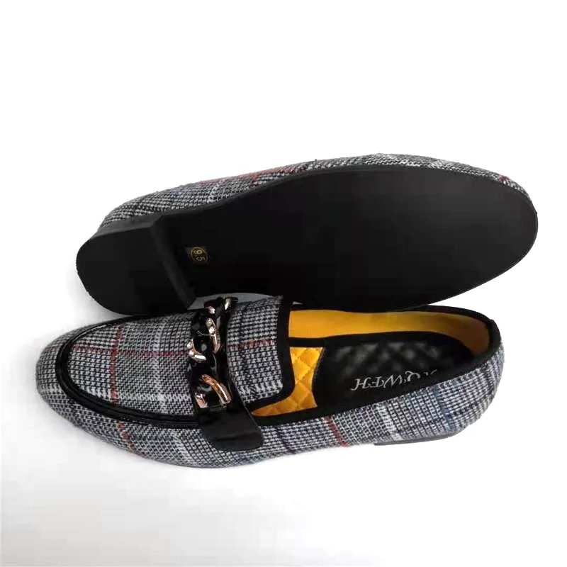 Men's Checked Pattern Metal Chain Buckle Slip-On Casual Loafers