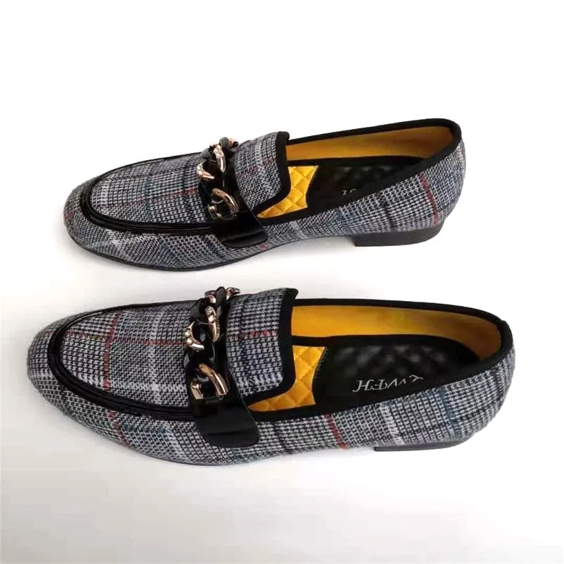 Men's Checked Pattern Metal Chain Buckle Slip-On Casual Loafers