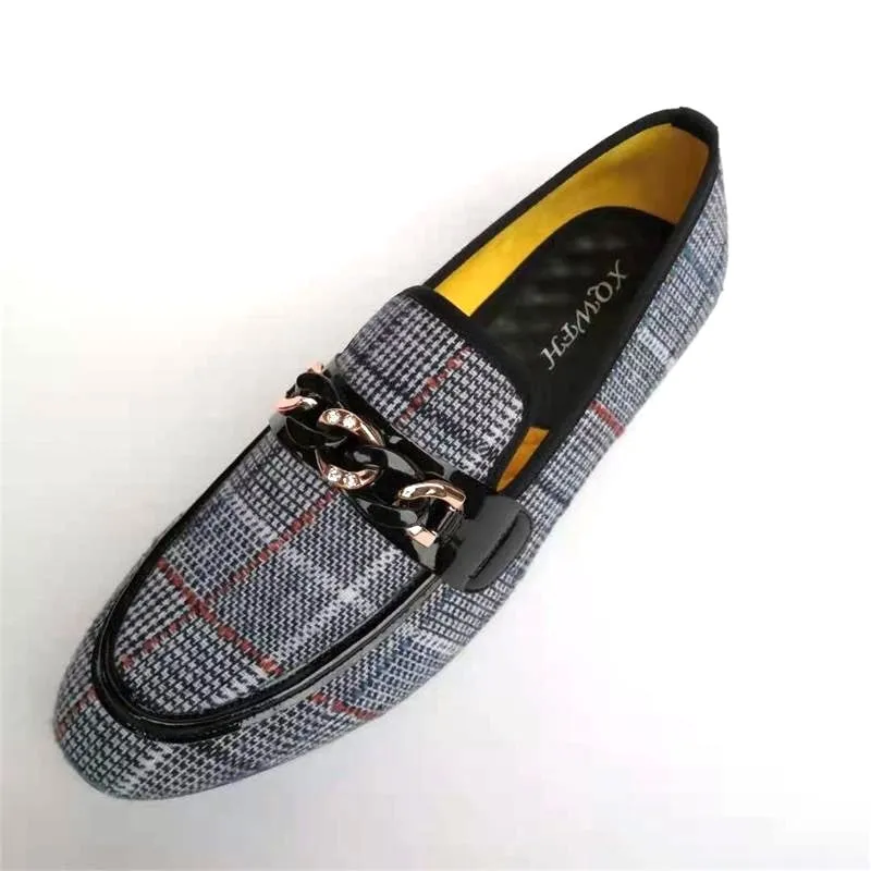 Men's Checked Pattern Metal Chain Buckle Slip-On Casual Loafers