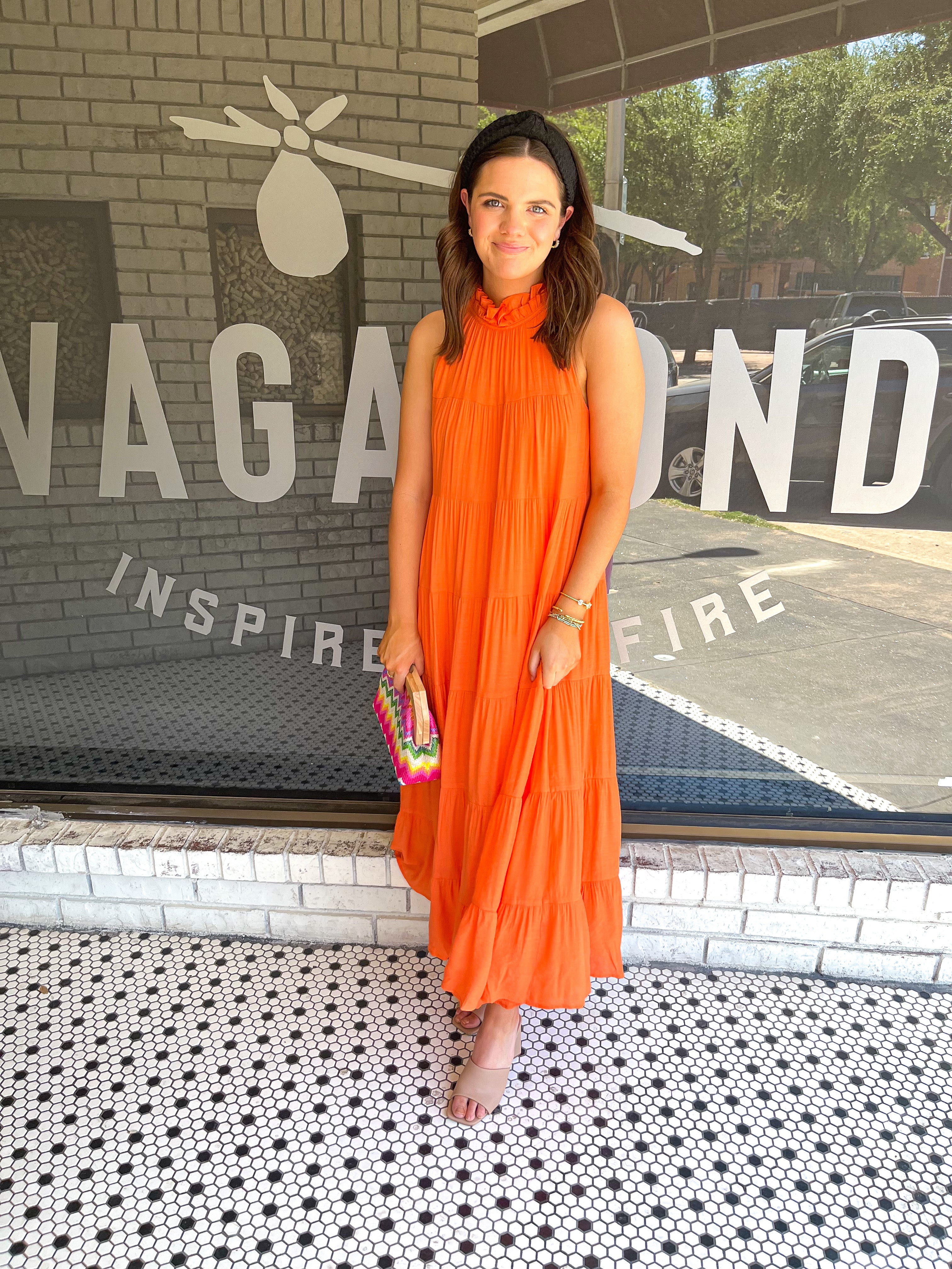 Mock Neck Tiered Maxi Dress - Orange