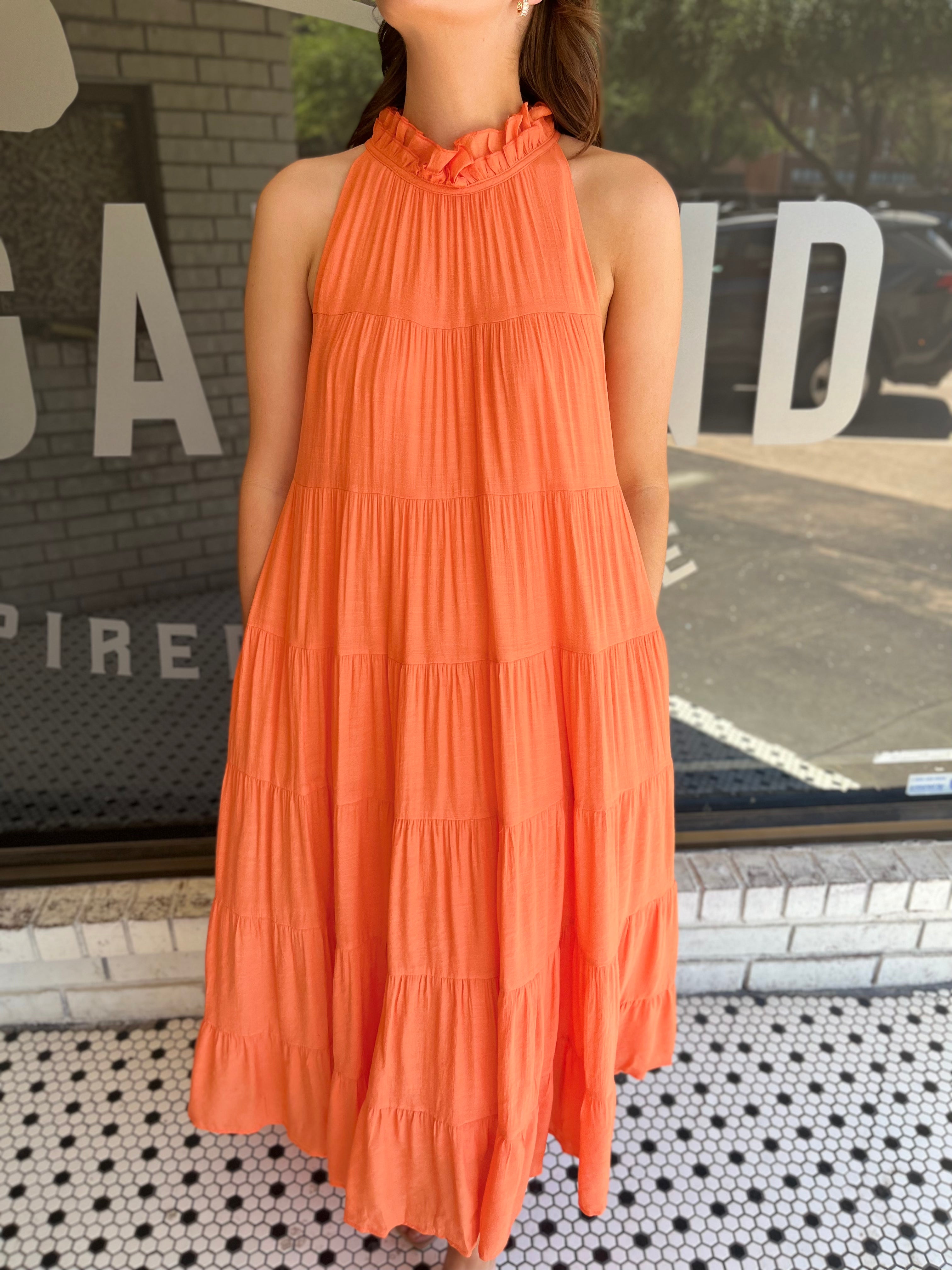 Mock Neck Tiered Maxi Dress - Orange