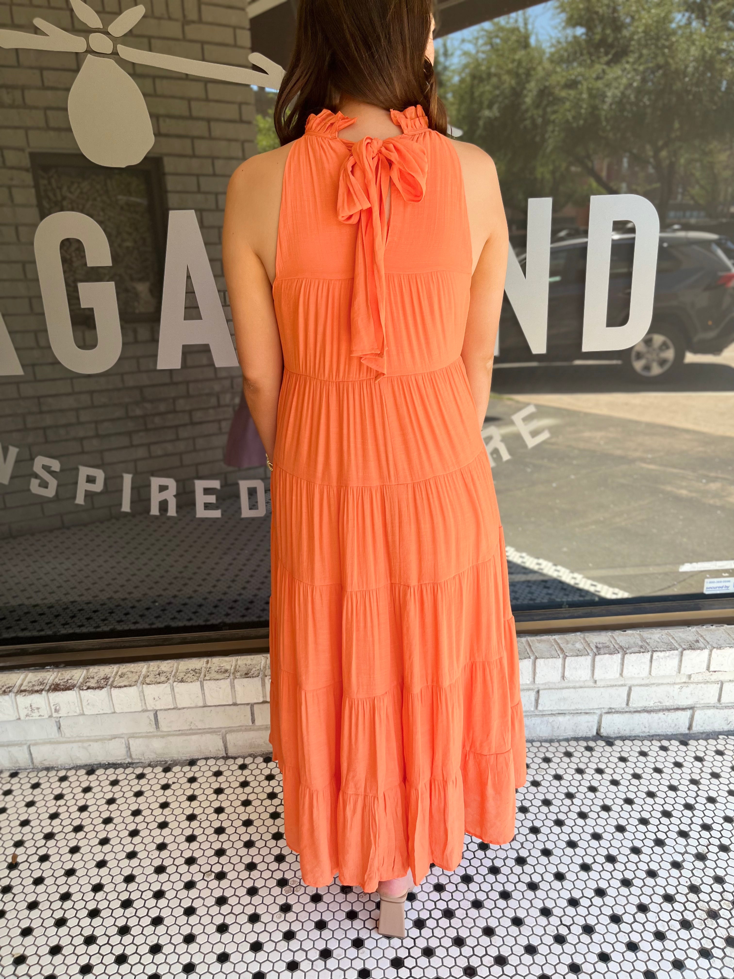 Mock Neck Tiered Maxi Dress - Orange