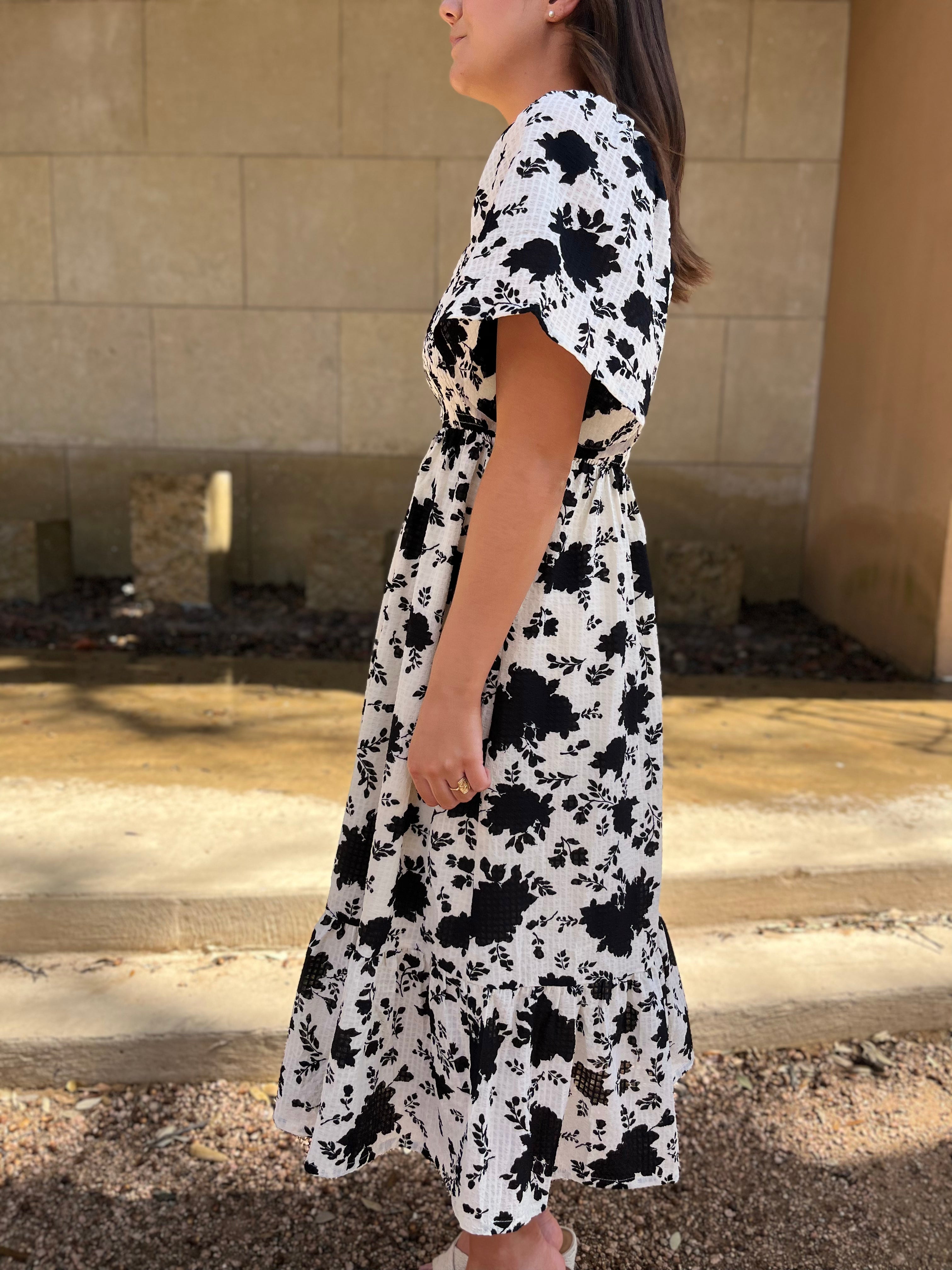 MONOCHROME FLOWER PRINT MIDI DRESS - BLACK