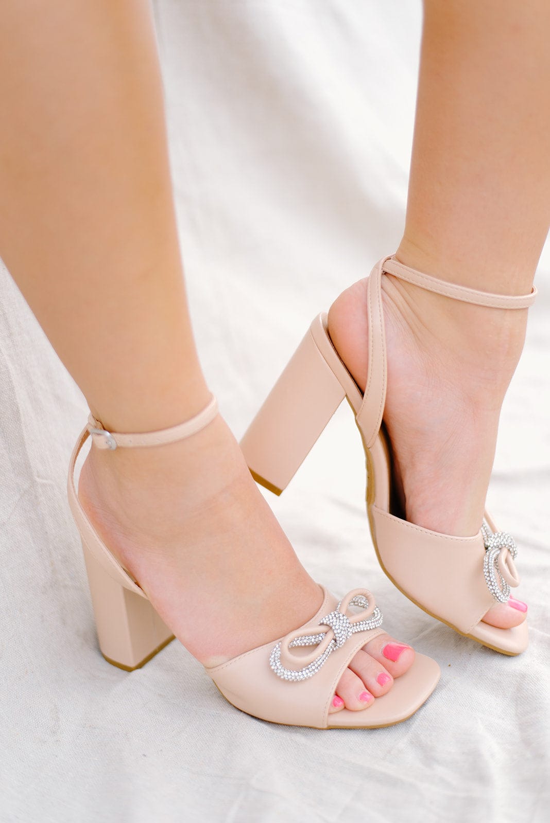 Nude Rhinestone Bow Heels