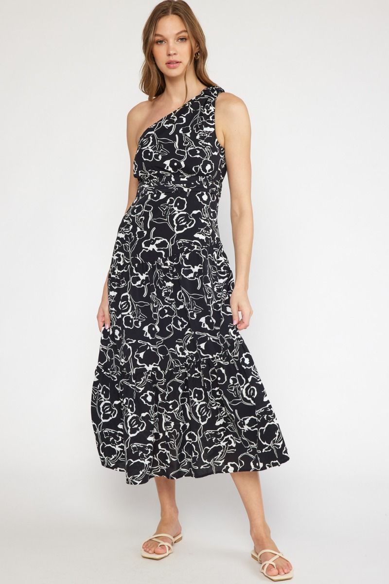 Print One Shoulder Maxi Dress - Black