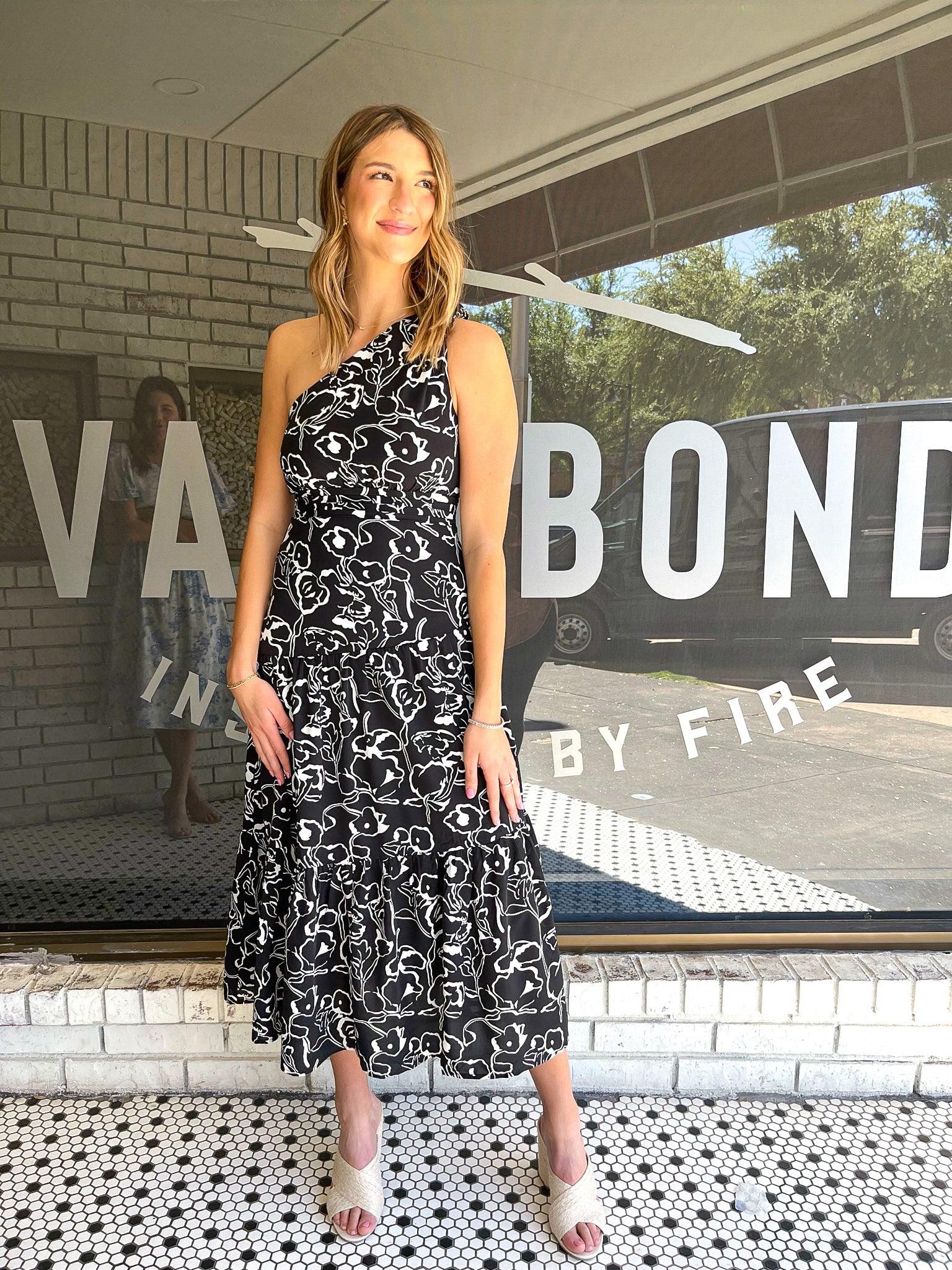 Print One Shoulder Maxi Dress - Black