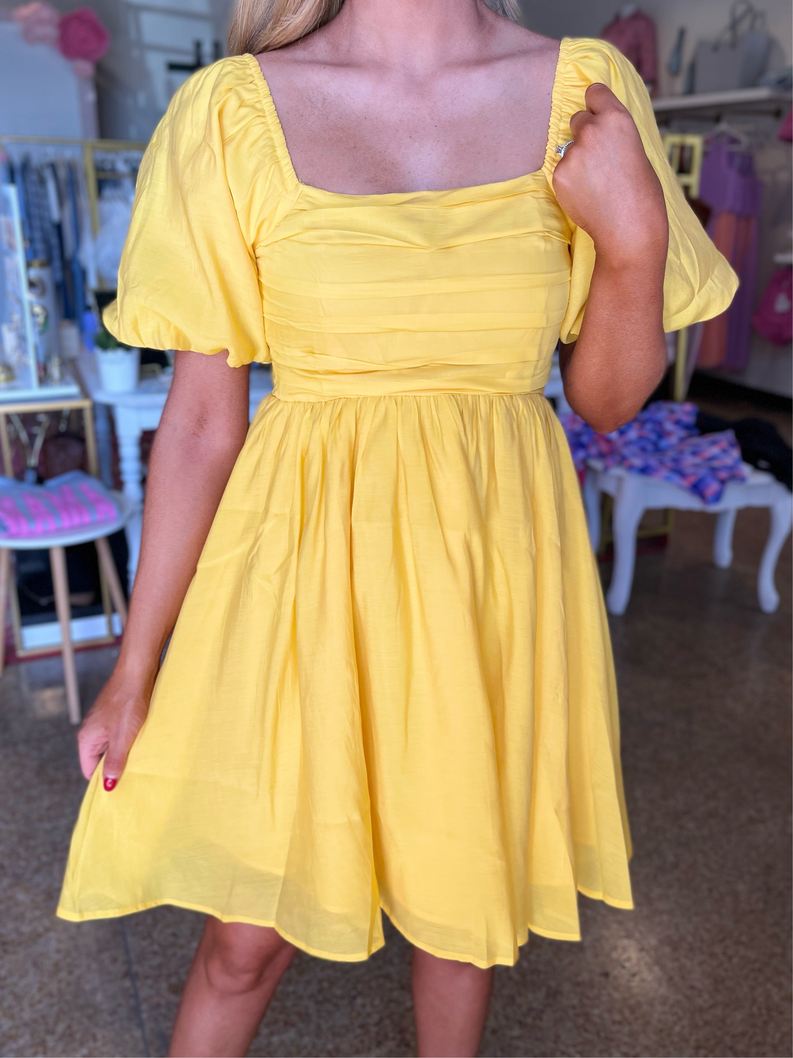 Puff Sleeve Babydoll Dress - Lemon