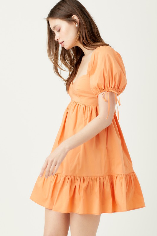 PUFF SLEEVE SWEETHEART MINI DRESS - PAPAYA