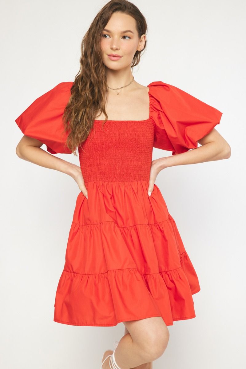 Puff Sleeve Tiered Mini Dress - Red