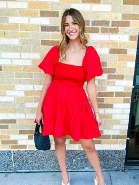 Puff Sleeve Tiered Mini Dress - Red