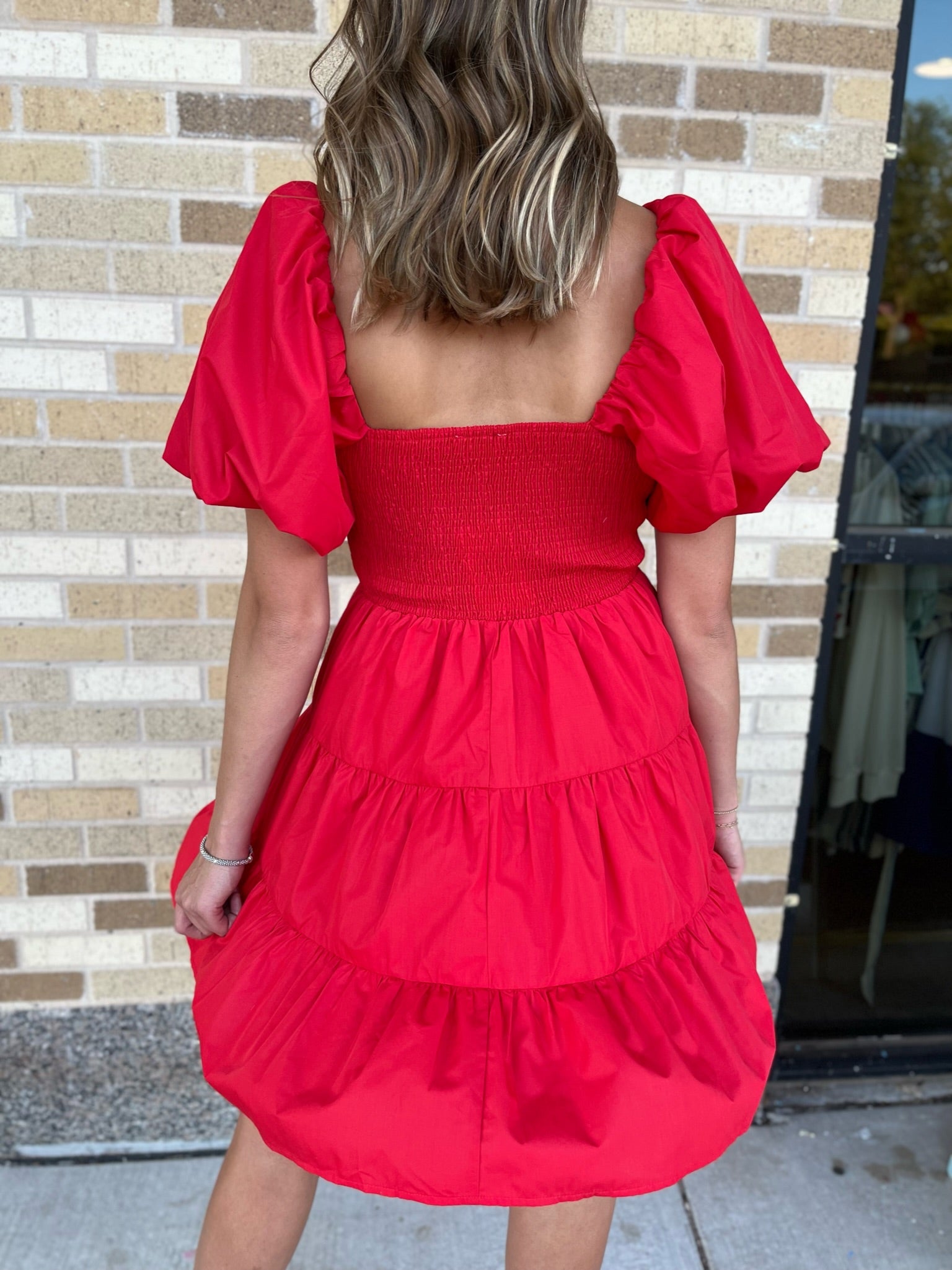 Puff Sleeve Tiered Mini Dress - Red