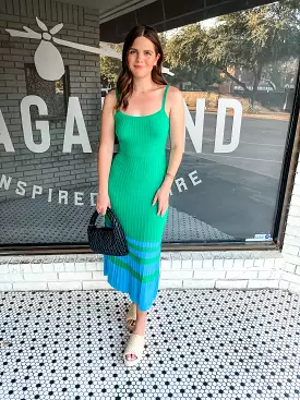 Ribbed Striped Hem Midi Dress - Green