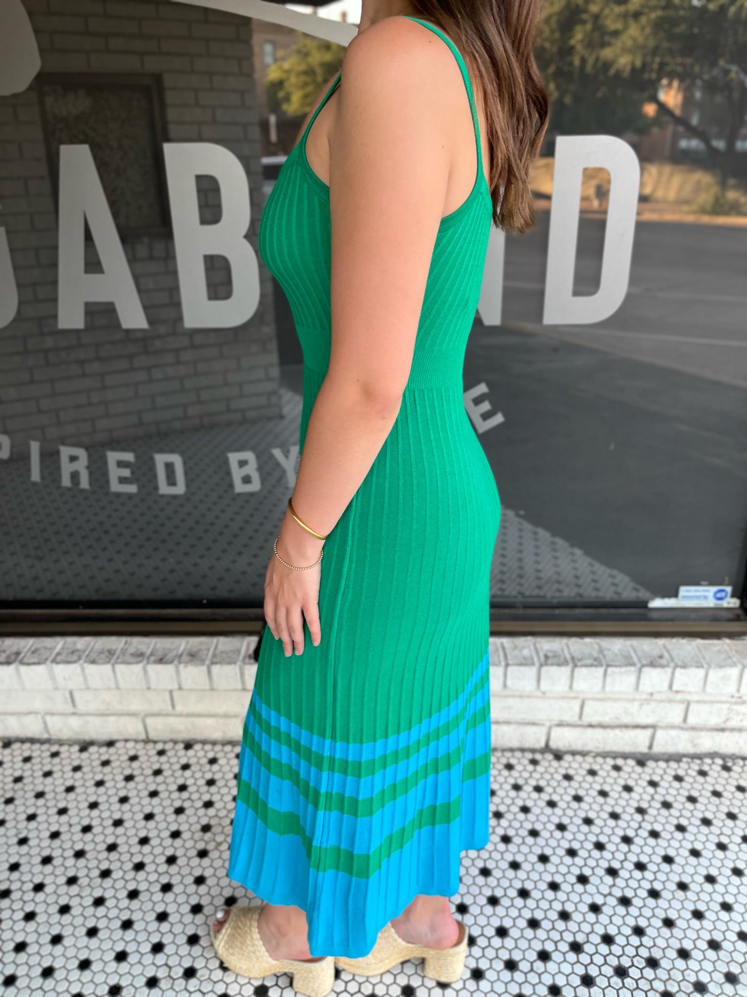 Ribbed Striped Hem Midi Dress - Green