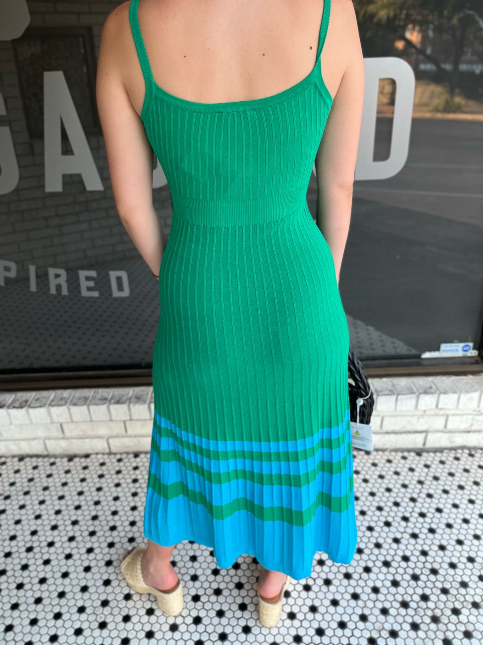 Ribbed Striped Hem Midi Dress - Green