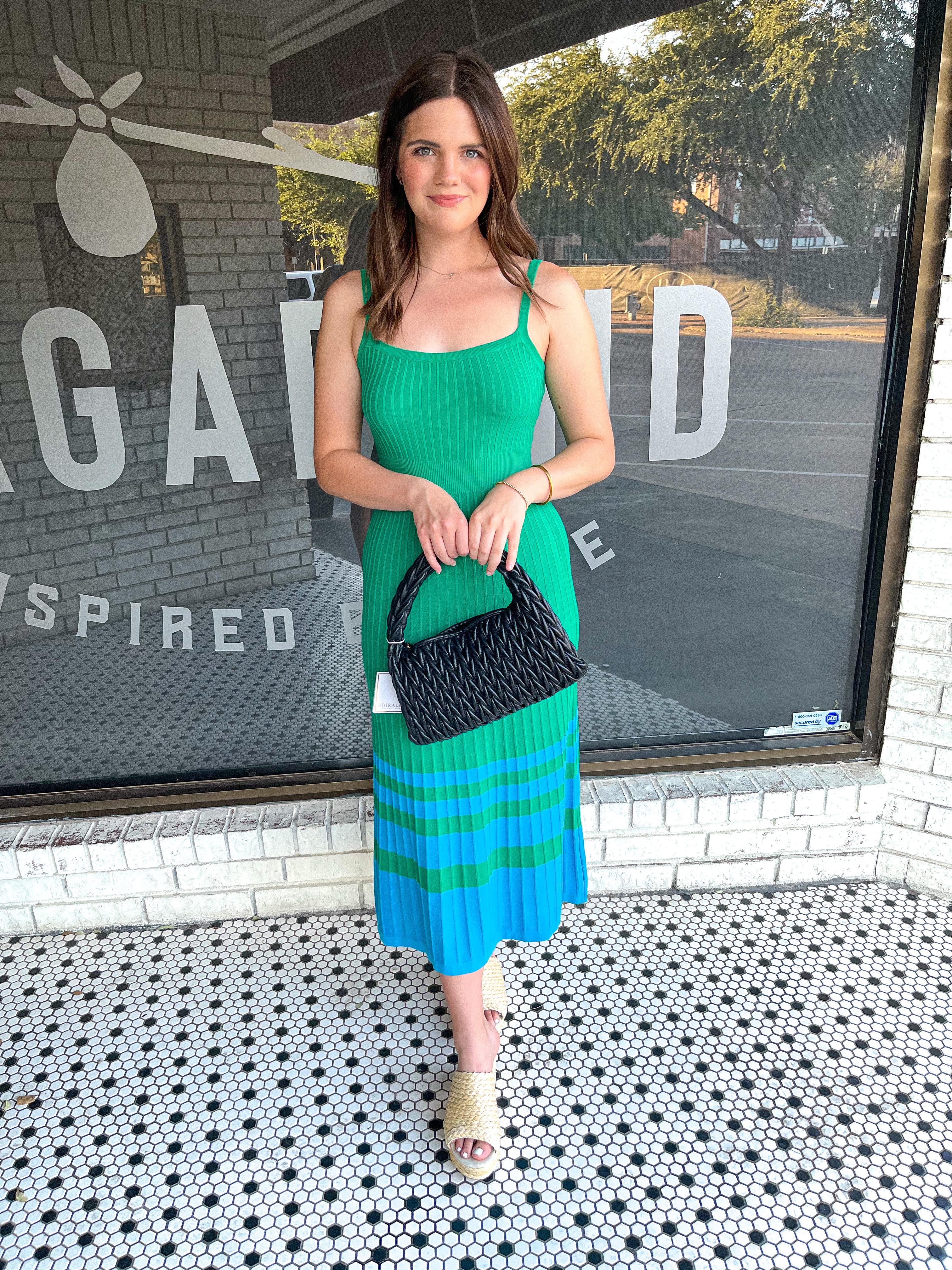 Ribbed Striped Hem Midi Dress - Green