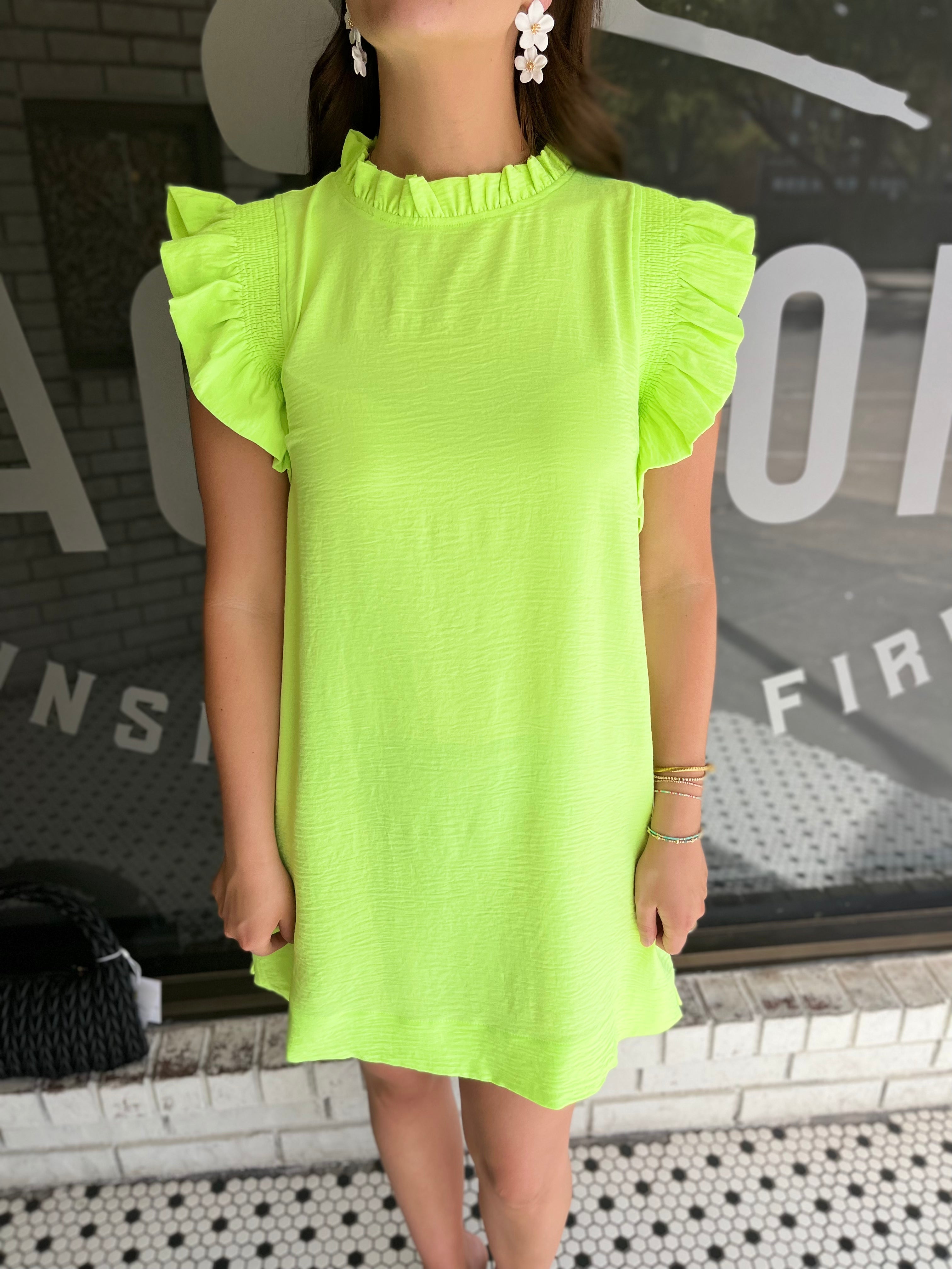 Ruffle Cap Sleeve Dress - Lime