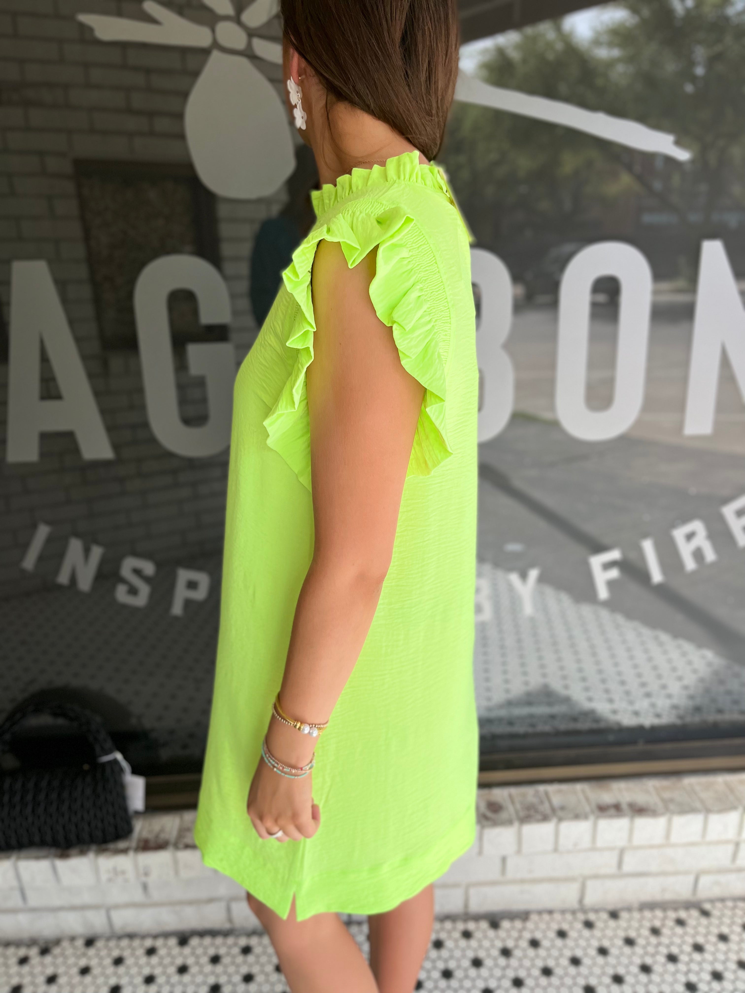 Ruffle Cap Sleeve Dress - Lime