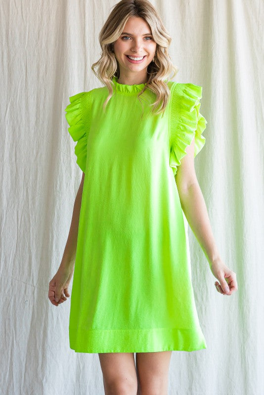 Ruffle Cap Sleeve Dress - Lime