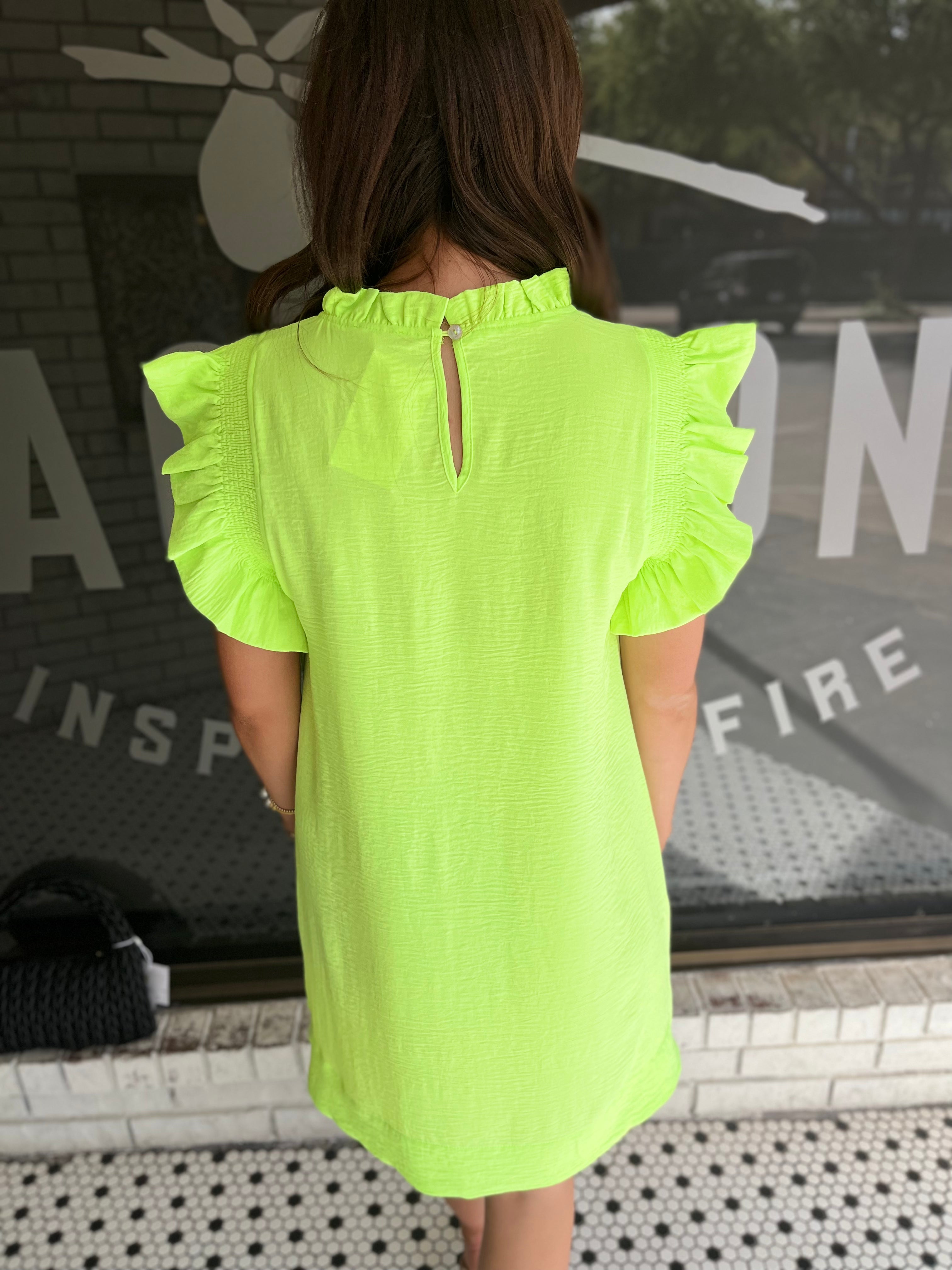 Ruffle Cap Sleeve Dress - Lime