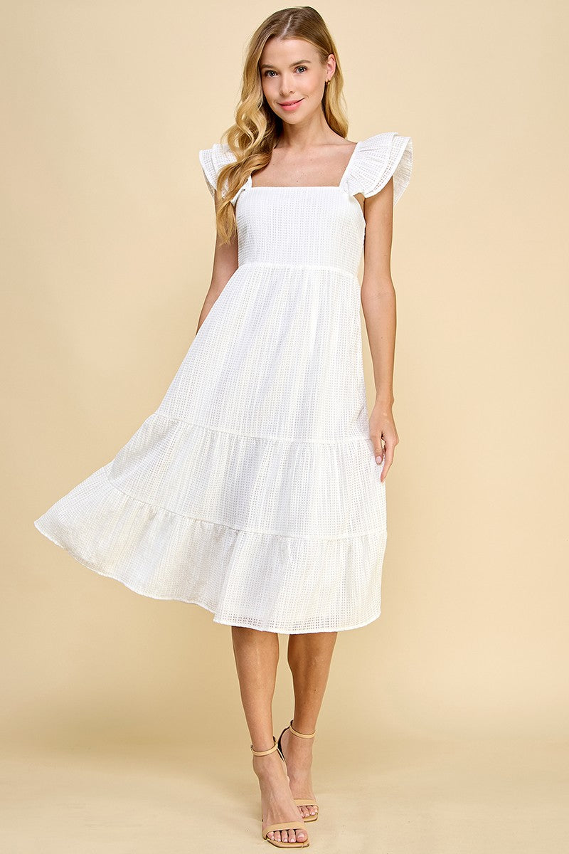 Ruffle Sleeve Tiered Midi Dress- White