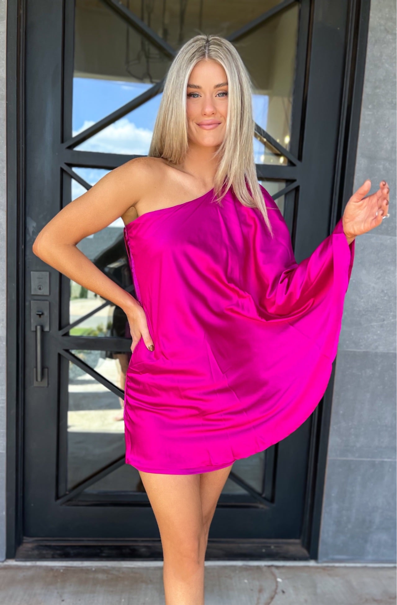 Satin Draped One Shoulder Dress - Magenta