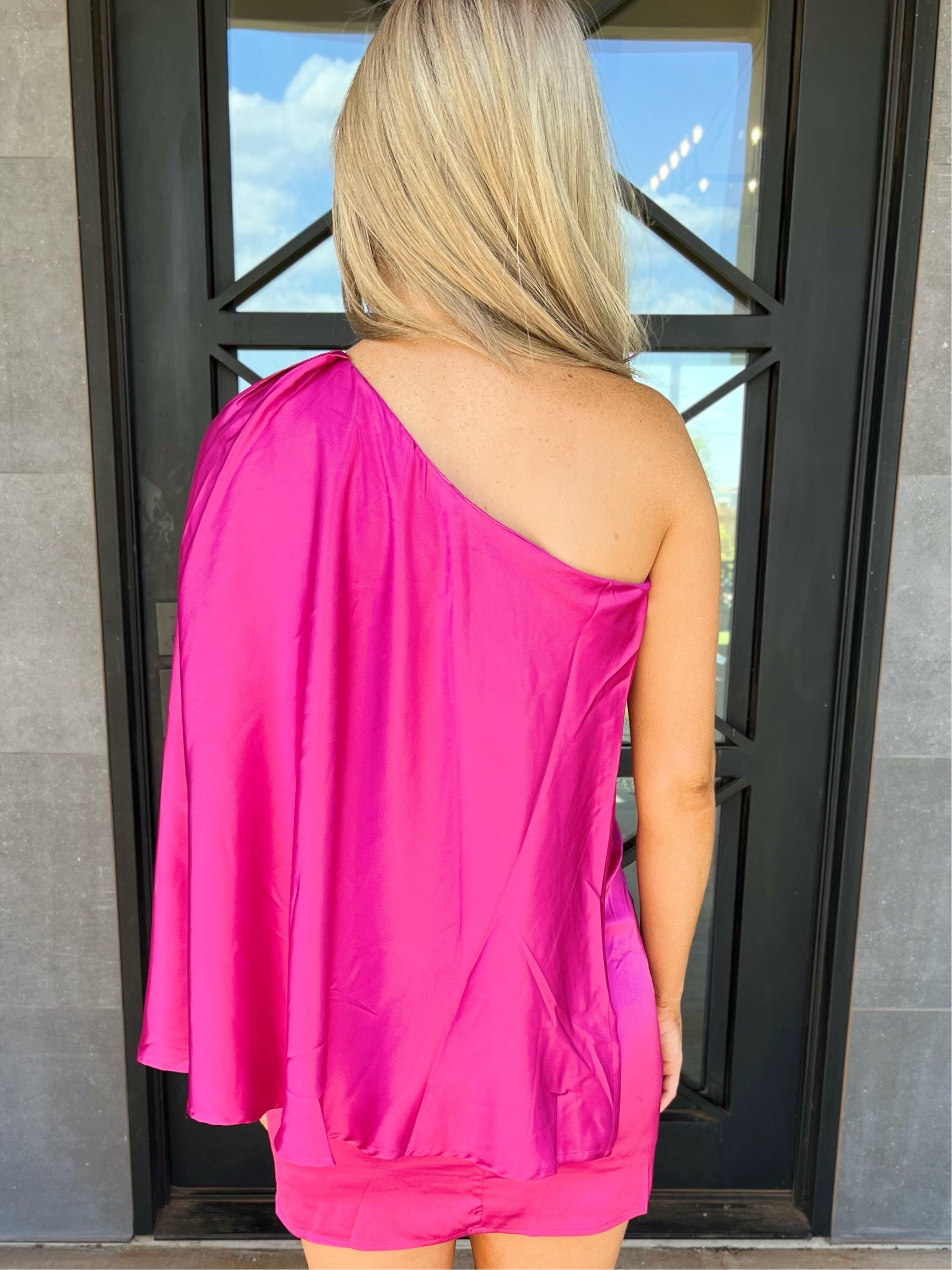 Satin Draped One Shoulder Dress - Magenta