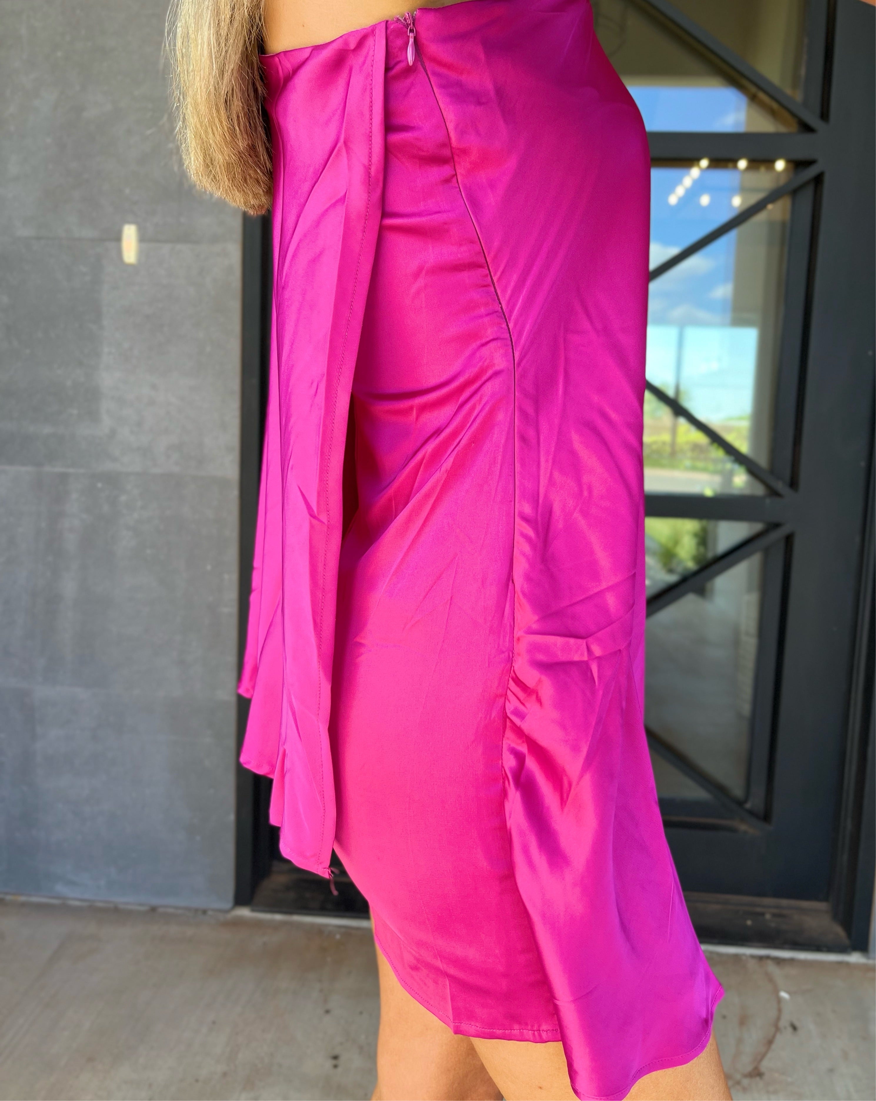 Satin Draped One Shoulder Dress - Magenta