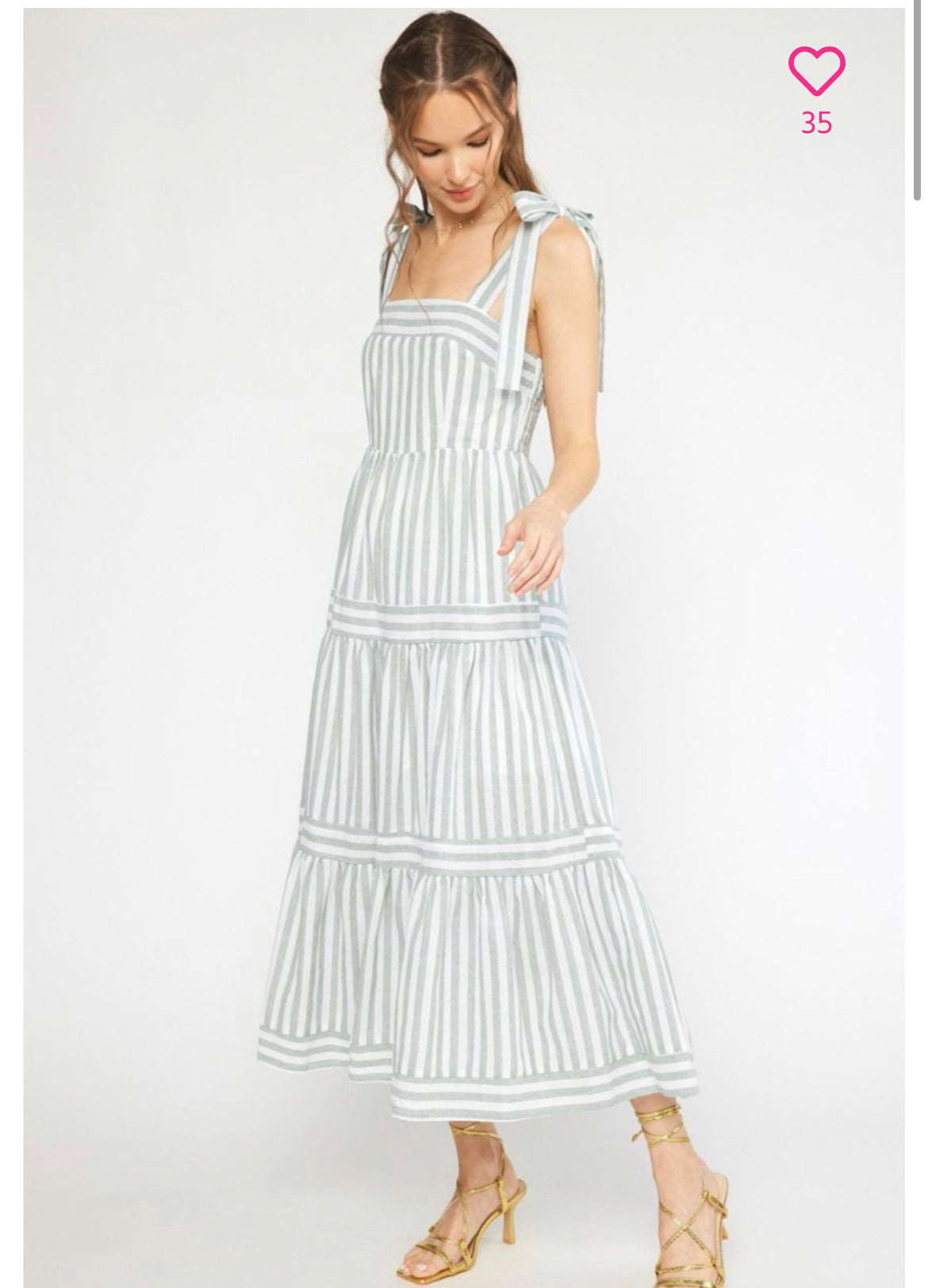 Self-Tie Striped Tiered Midi Dress - sage