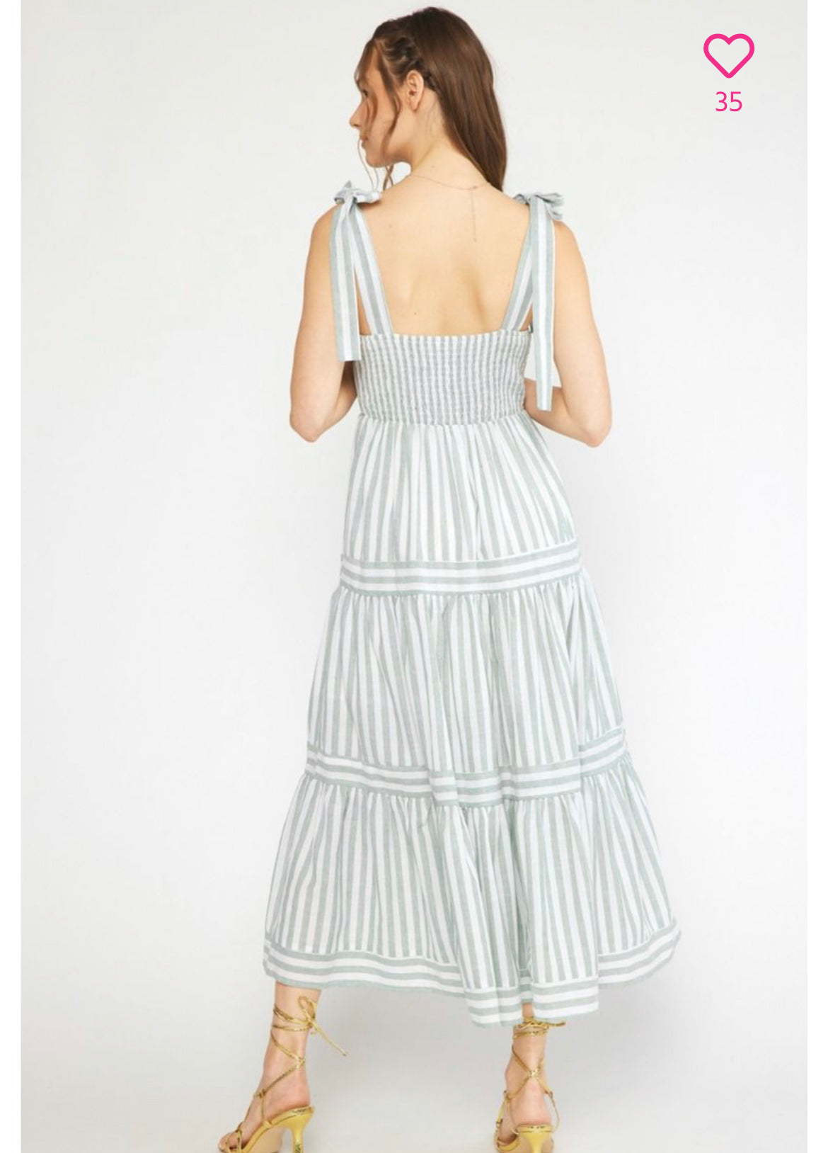 Self-Tie Striped Tiered Midi Dress - sage