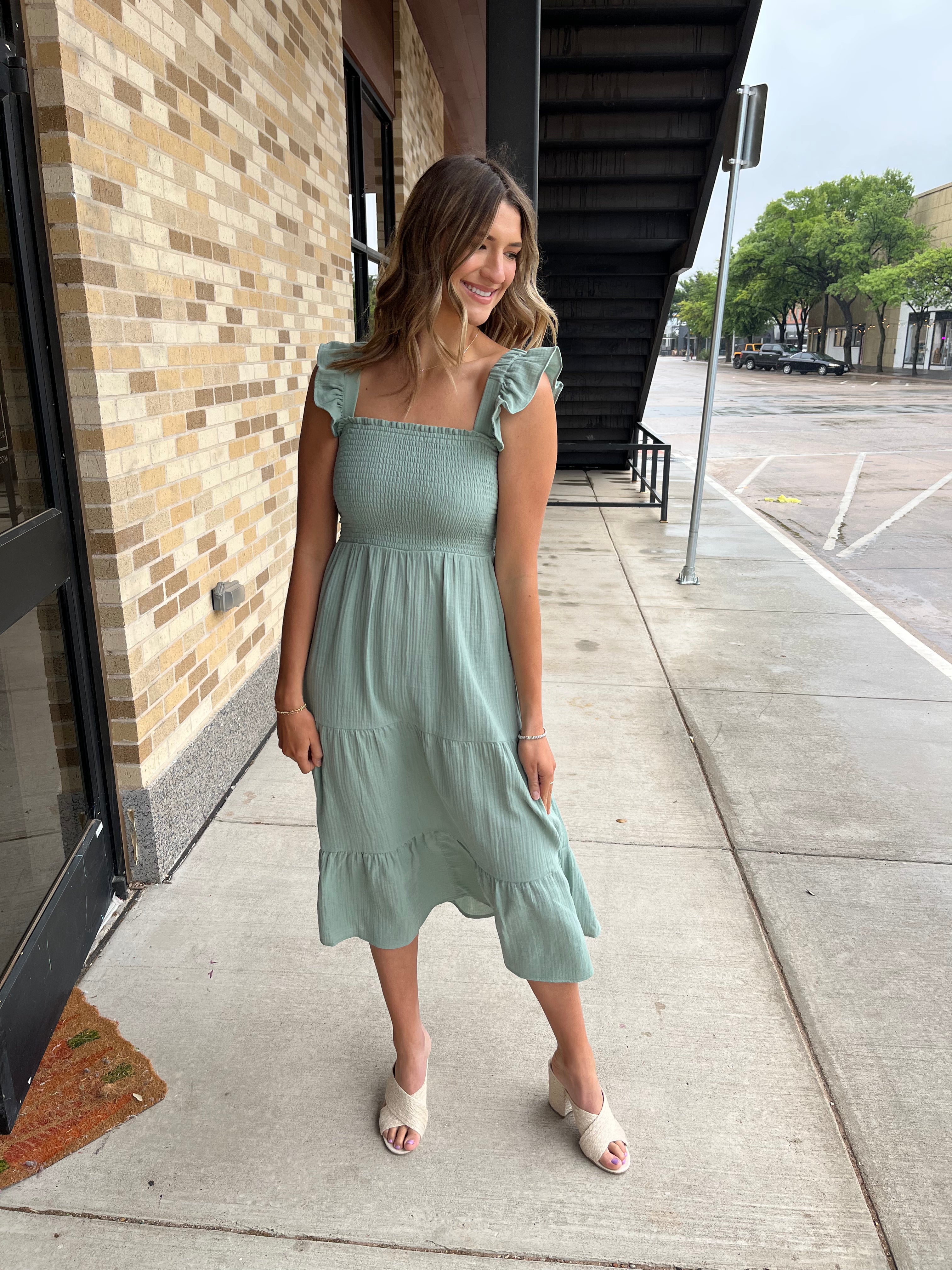 Smocked Bodice Strappy Back Midi Dress - Sage