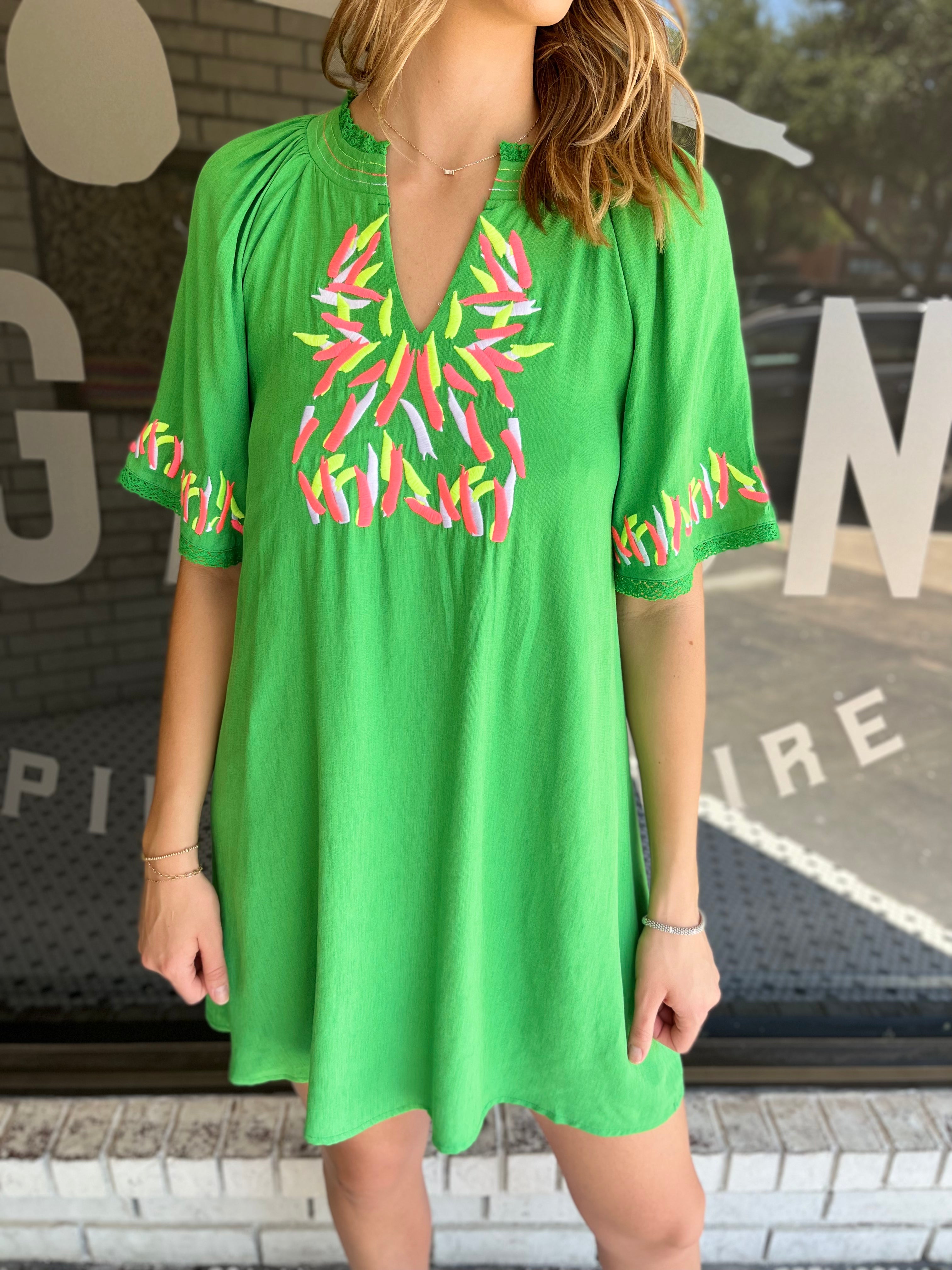 Solid Embroidery Detail Dress - Kelly Green