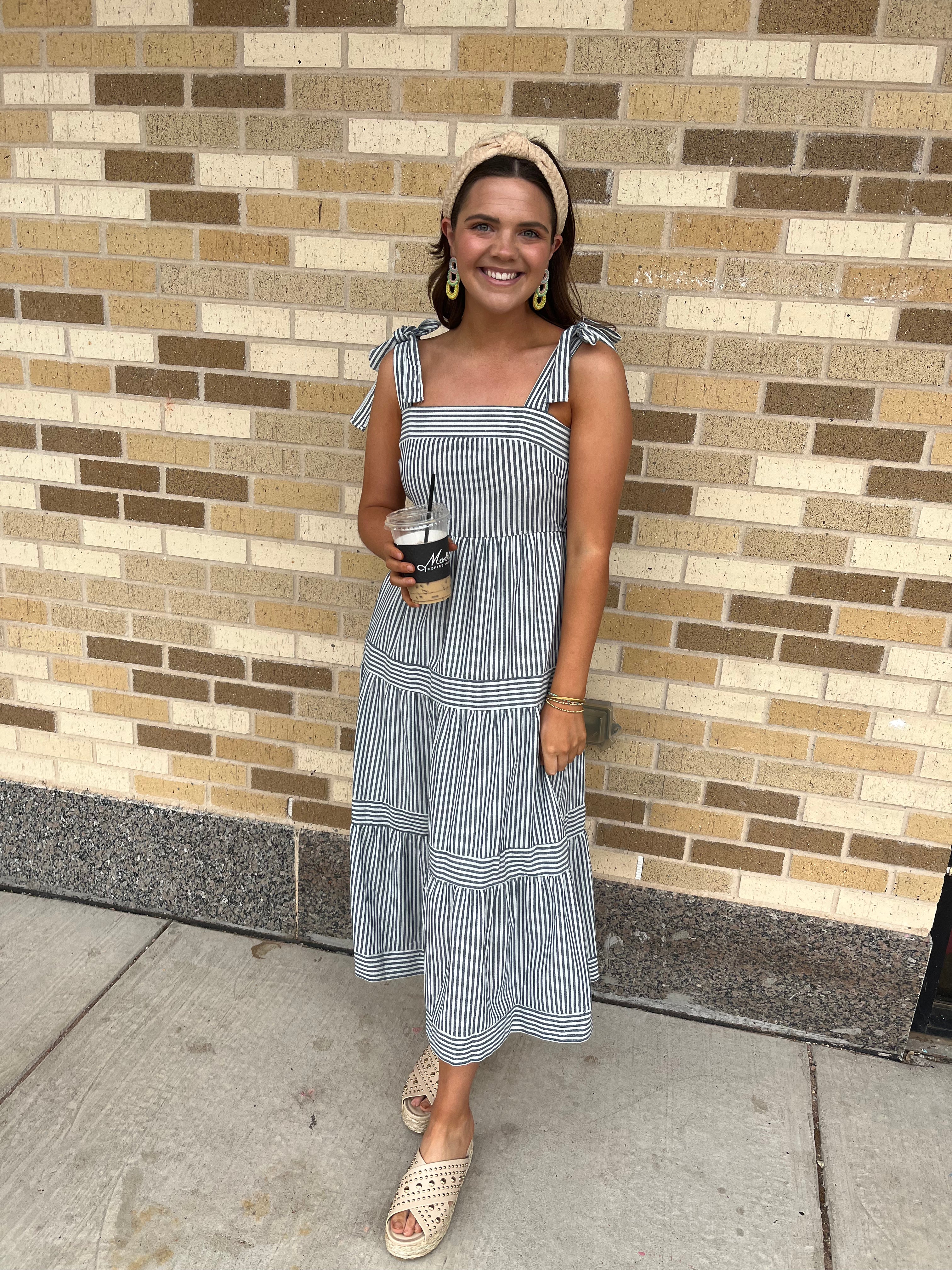 Striped Ribbon Tie Midi Dress - Navy